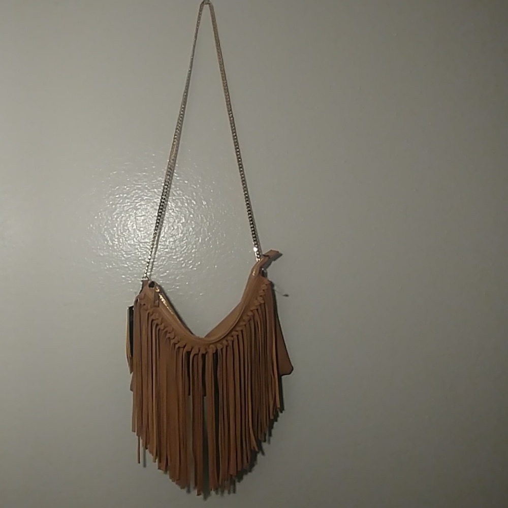 H&M Tan Suede Fringe Purse with gold chain strap